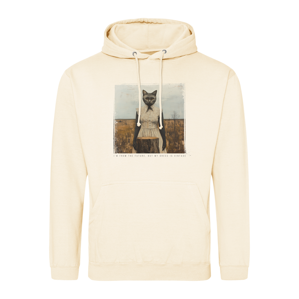 Bluza z kotką w vintage sukience z przyszłości - retro futuryzm