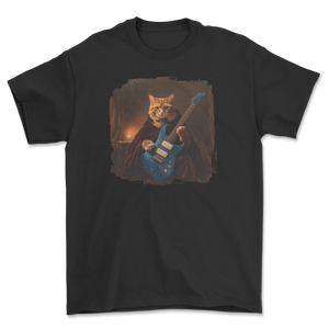 Koszulka z kotem z gitarą w jaskini - rockowa legenda