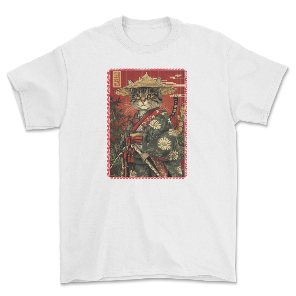 Koszulka z kotem wojownikiem w bambusowym lesie - japoński kot bushido neko
