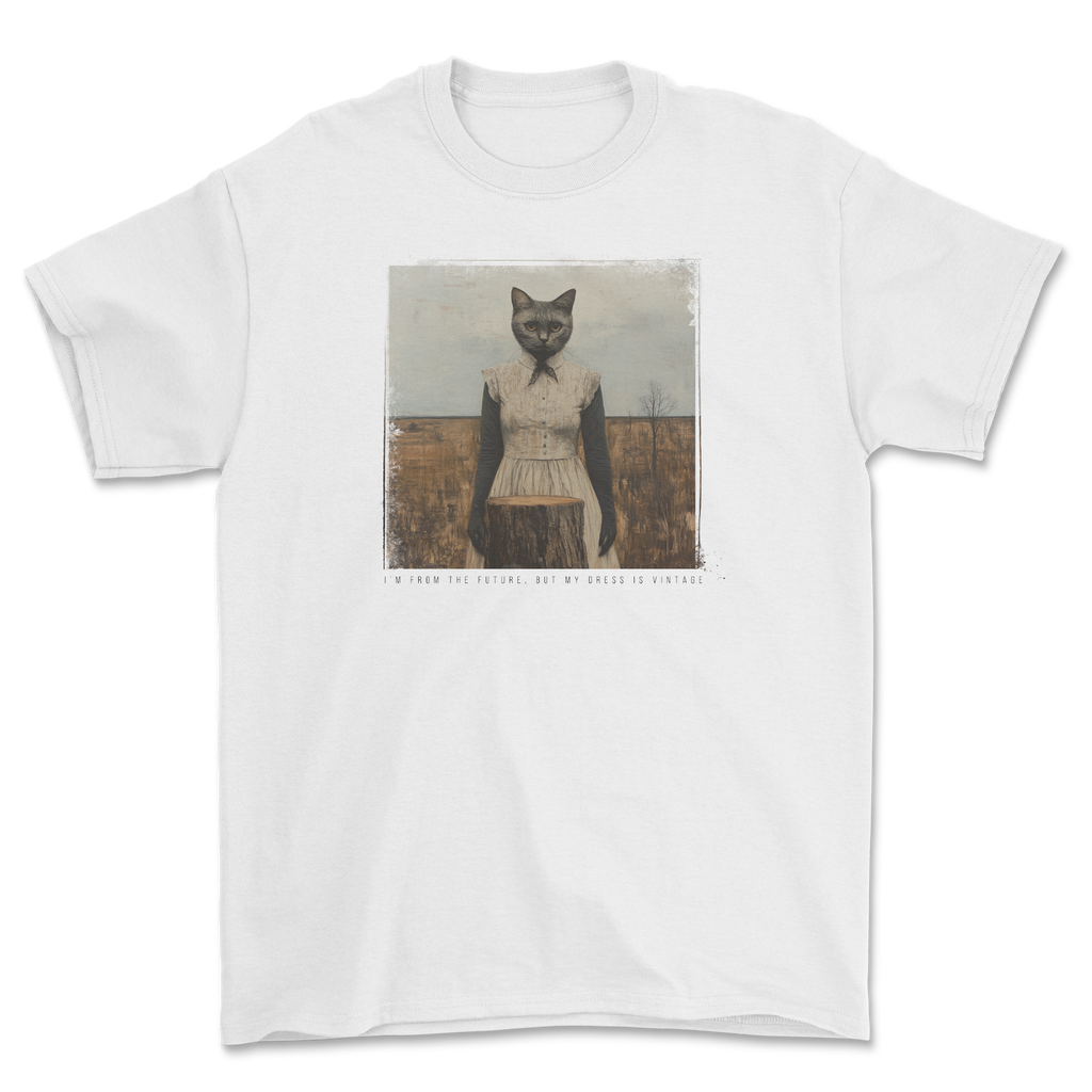 Koszulka z kotką w vintage sukience z przyszłości - retro futuryzm