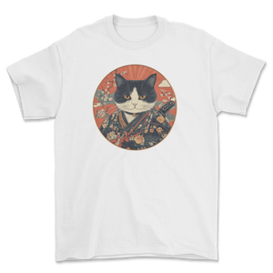 Koszulka z kotem wojownikiem z mieczem wiśnie - japoński kot samuraj neko